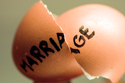 A broken egg shell, split through the word marriage